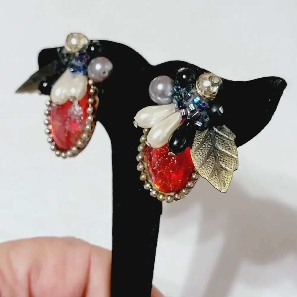 Vintage Statement Pierced Earrings, Red Lucite, 1.25